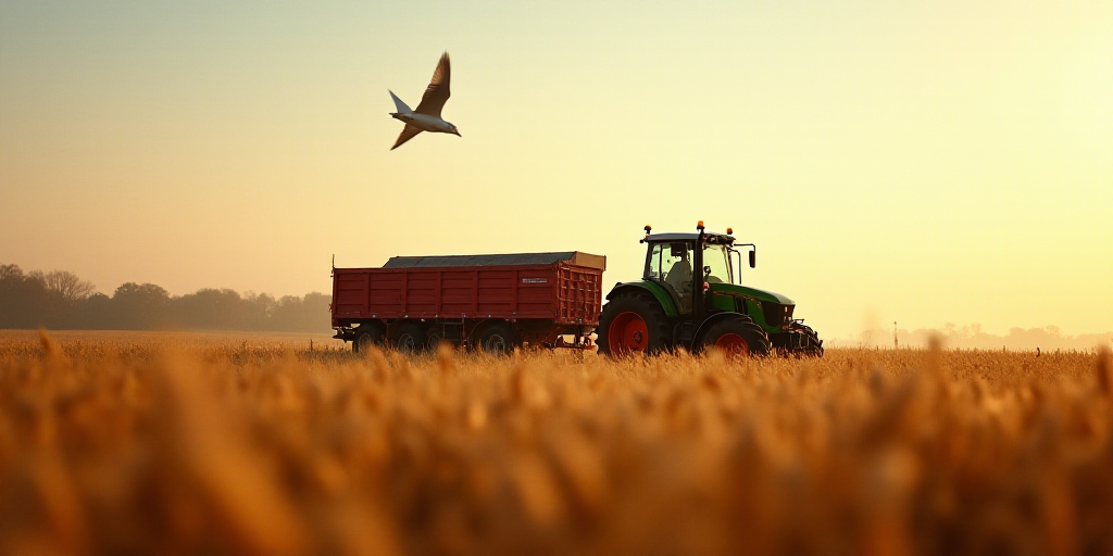 a tractor and a tractor trailer in a field with a bird flying overhead in the background and a plane