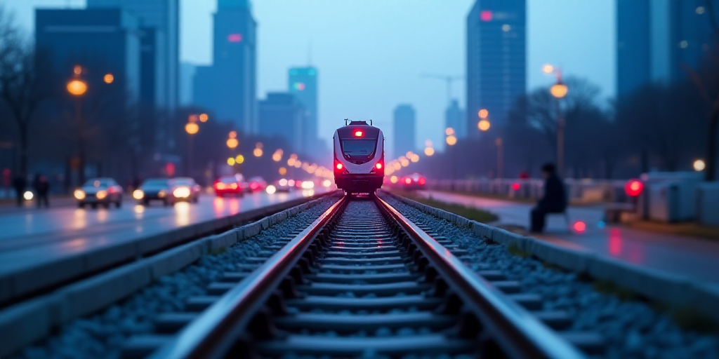 a train is coming down the tracks in a city area with traffic on the other side of the tracks, Cui B