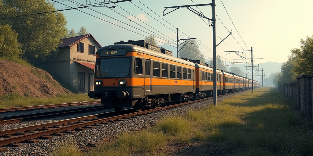 a train is traveling down the tracks near a building and a hill of dirt and grass on the side of the