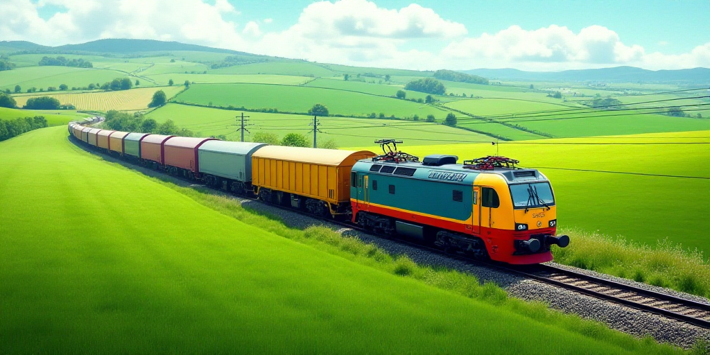 a train is traveling down the tracks in the country side area of the country side, with a green fiel