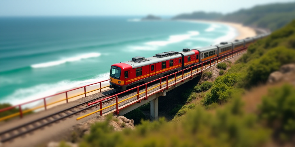 a train is traveling on a track near a beach and a bridge with a red railing and yellow railings, Aq