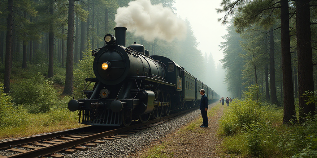 a train that is sitting on the tracks near a forest and people standing around it and a man standing