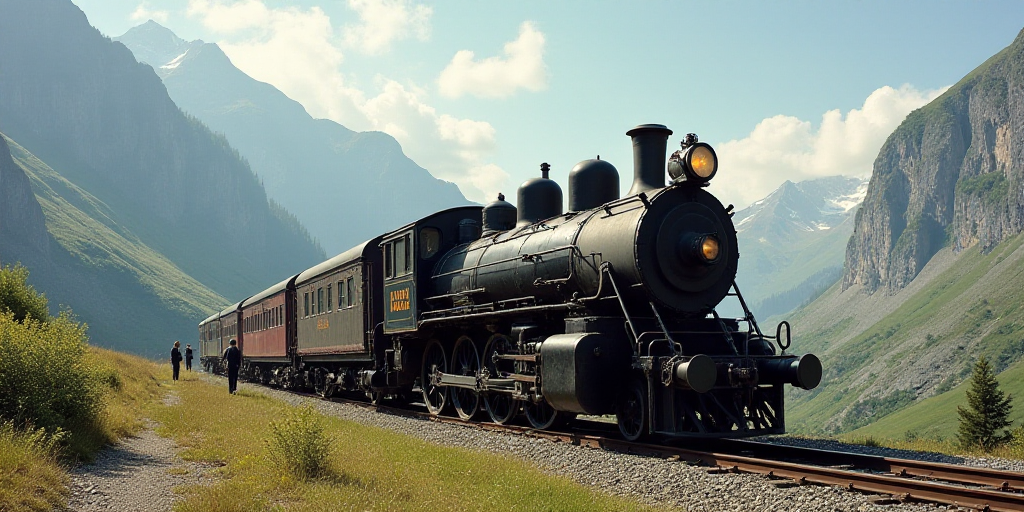 a train that is sitting on the tracks near a mountain side with people standing around it and a man