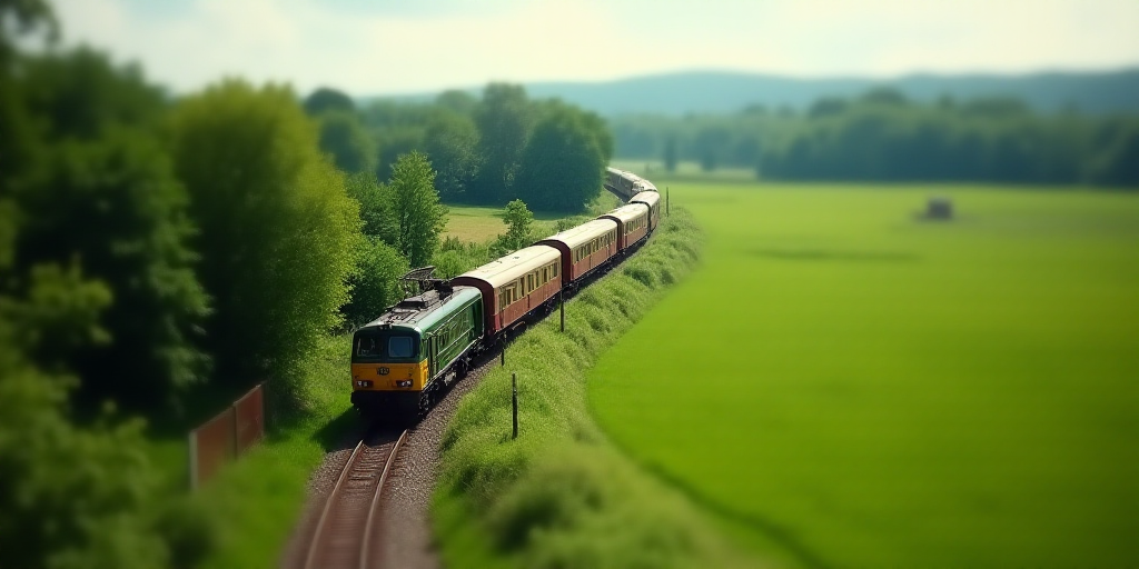 a train traveling down tracks next to a lush green field and a lush green field with trees on both s