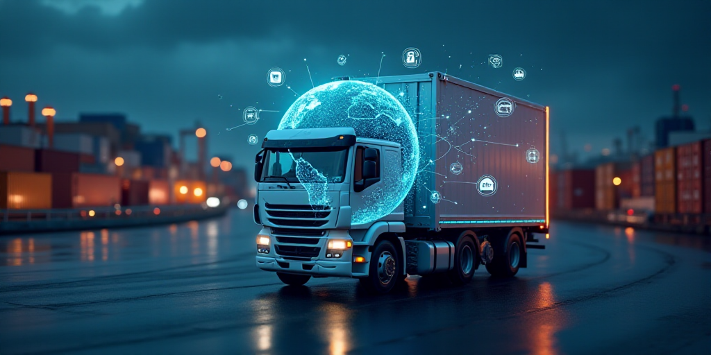 a truck with a globe on it and a lot of shipping icons around it on a screen with a background of sh