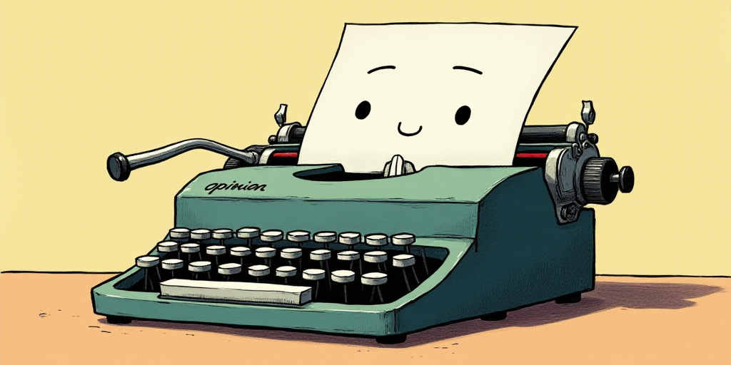 a typewriter with a face drawn on it and a caption for the words opinion and a question, Edward Otho