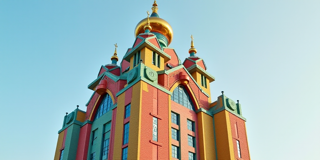 a very tall building with some very colorful domes on it's sides and a clock on the side of it, Bori