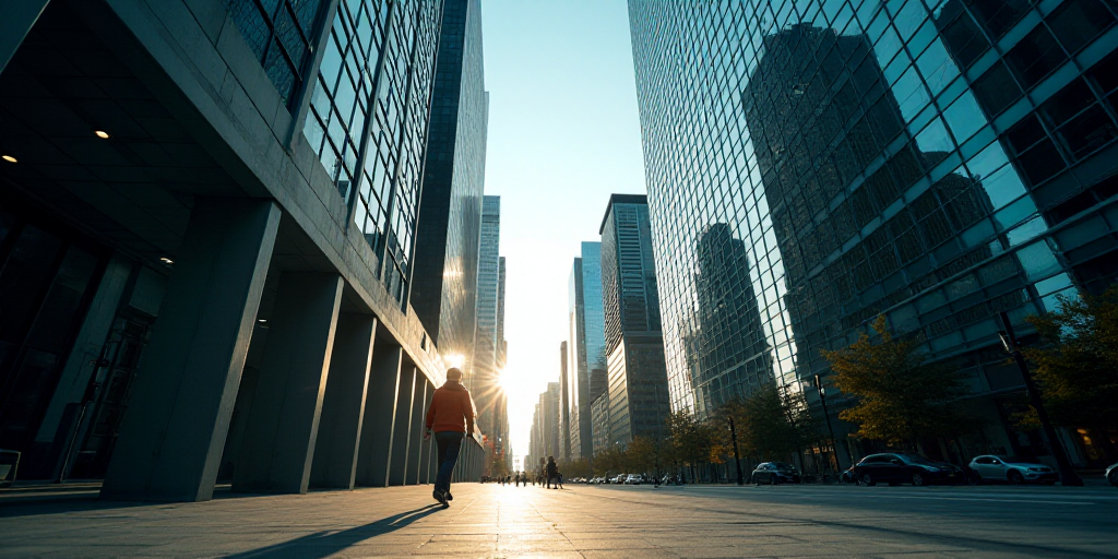 a view of a city from the ground looking up at tall buildings and skyscrapers in the background with