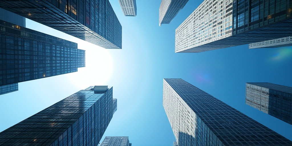 a view of a city with tall buildings and a blue sky in the background, looking up at the sky, Erlund