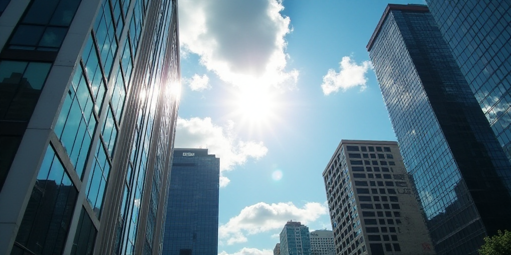 a view of a city with tall buildings and a sky background with clouds and sun shining through the wi