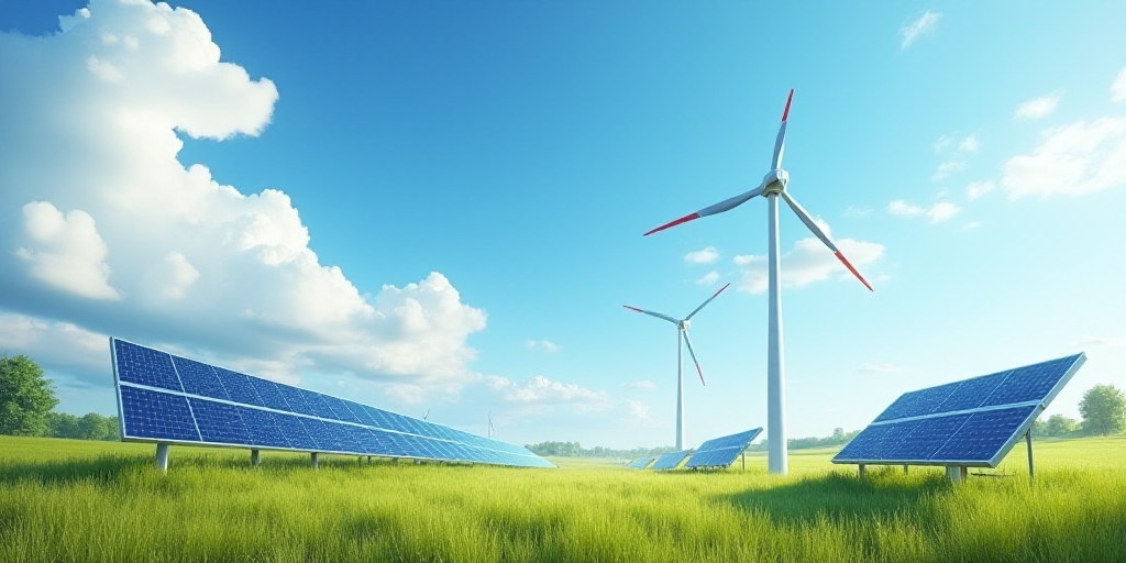 a wind turbine and solar panels in a field of grass with a blue sky and clouds in the background, É