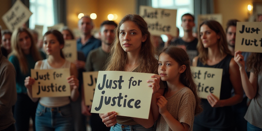 a woman and a child holding signs in a room with other people standing around them and holding signs