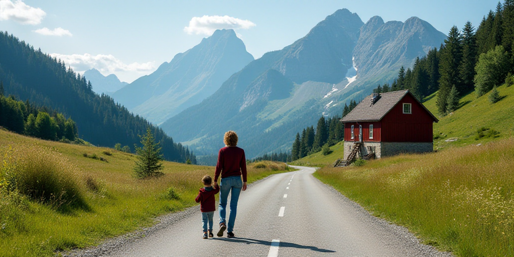 a woman and a child walking down a road in the mountains with a mountain range in the background and