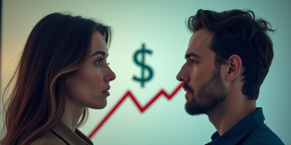 a woman and a man are facing each other in front of a graph arrow and a dollar sign with a dollar si