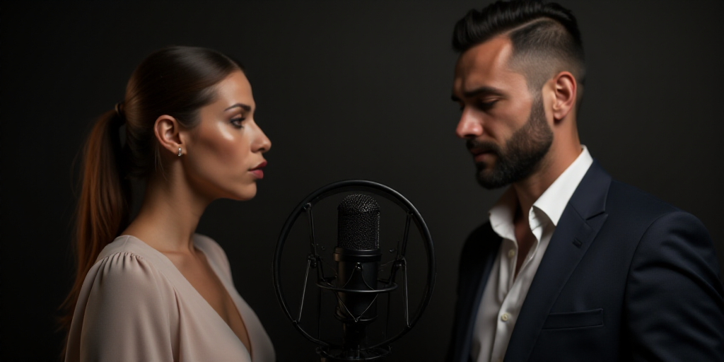 a woman and a man are standing in front of a microphone and a microphone is in front of a microphone