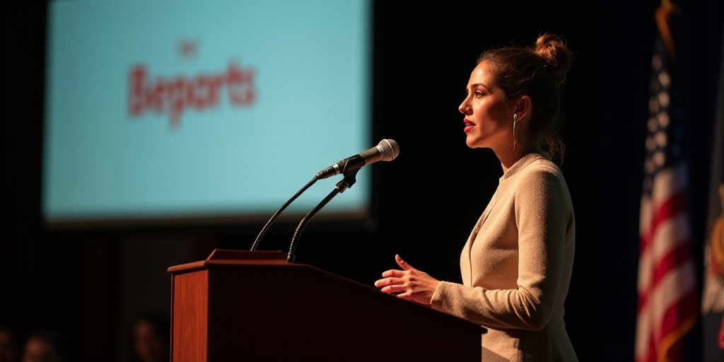 a woman giving a speech at a podium with a microphone in front of her and a screen behind her, Arace