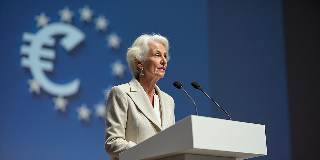 a woman giving a speech at a podium with a microphone in front of her and a european central bank lo