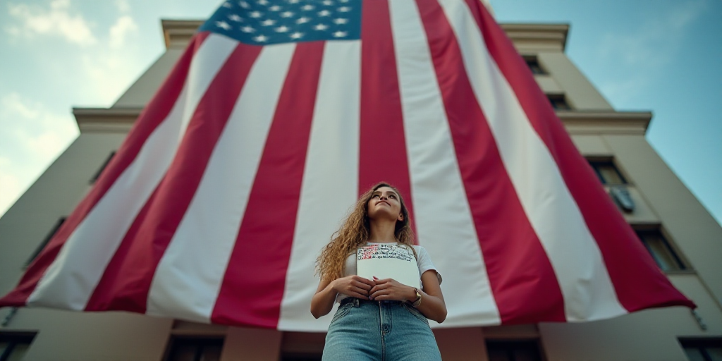 a woman holding a flag and a sign in front of a building with a large american flag on it, Christo,