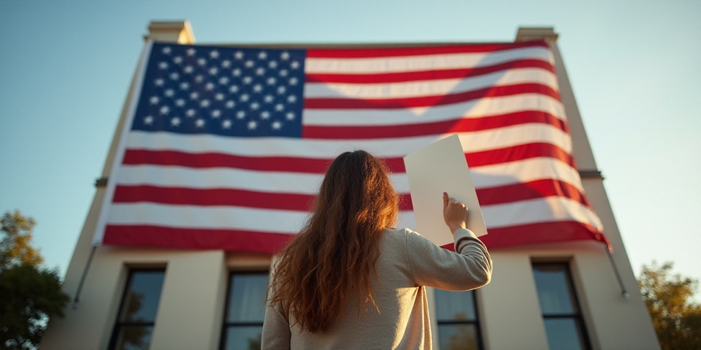 a woman holding a flag and a sign in front of a building with a large american flag on it, Christo,
