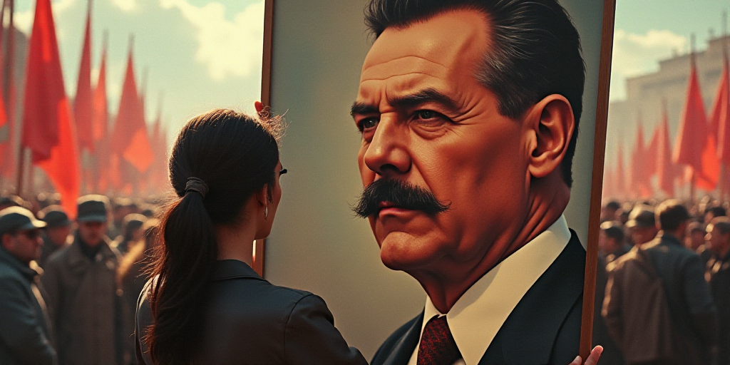 a woman holding a large poster of a man with a mustache and mustache on it's face and a crowd of peo