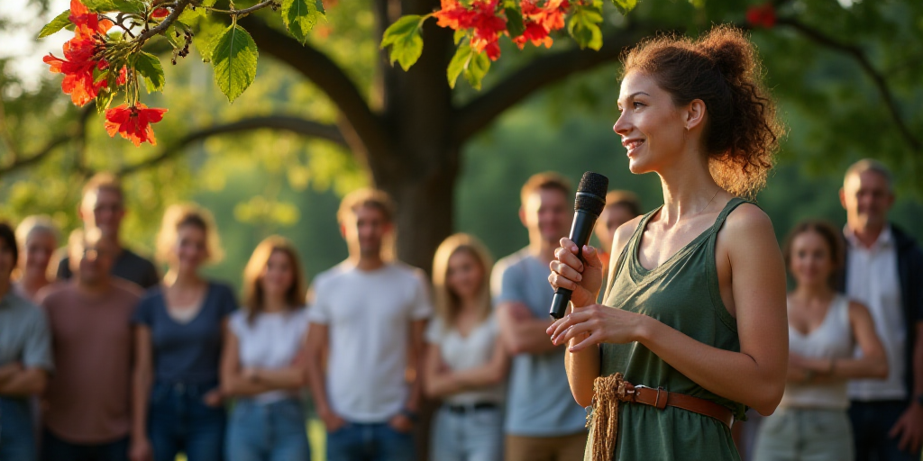 a woman holding a microphone in front of a group of people standing around a tree with red flowers o