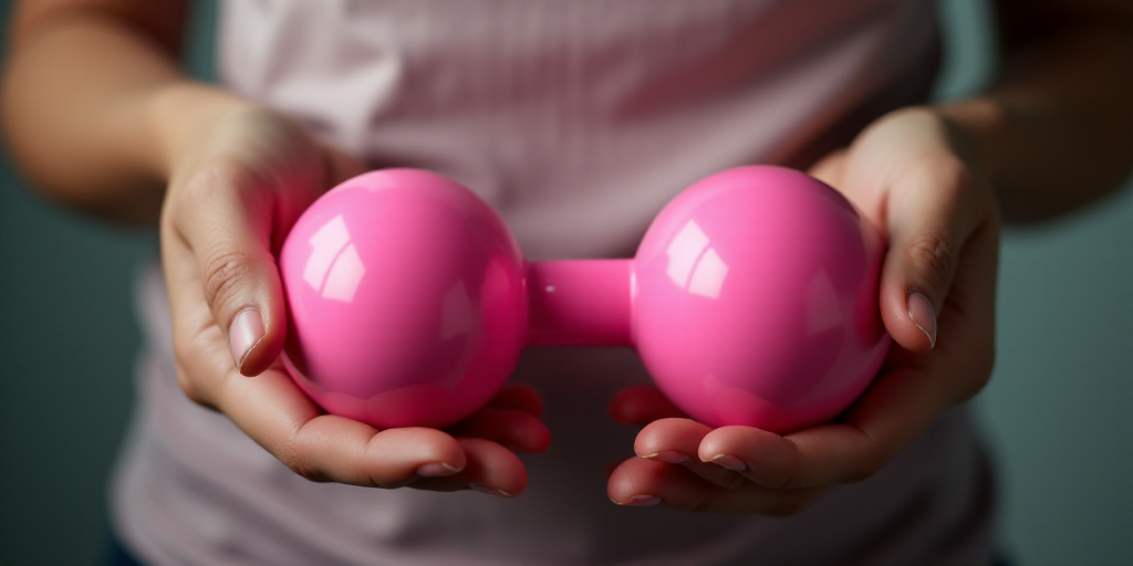 a woman holding a pink pair of dumbs in her hands with both hands on the dumbs and the other hand on
