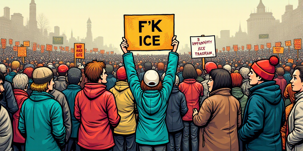 a woman holding a sign that says f k ice on it while standing in a crowd of people holding a sign, A