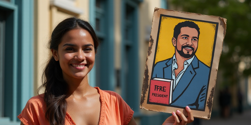 a woman holding a sign with a picture of a man holding a book and a sign with a free president, Estu