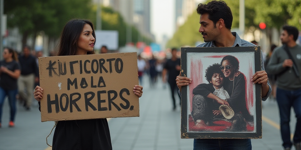 a woman holding a sign with pictures of people on it and a man holding a sign with a woman holding a