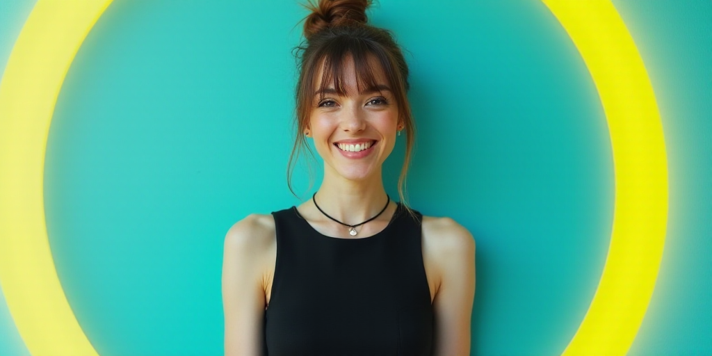 a woman in a black dress is smiling for a picture with a blue background and a yellow border around
