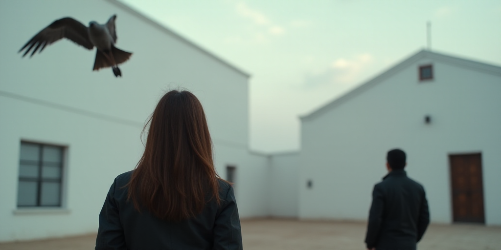 a woman in a black jacket and a bird flying in the air near her and a man in a black jacket and a wh