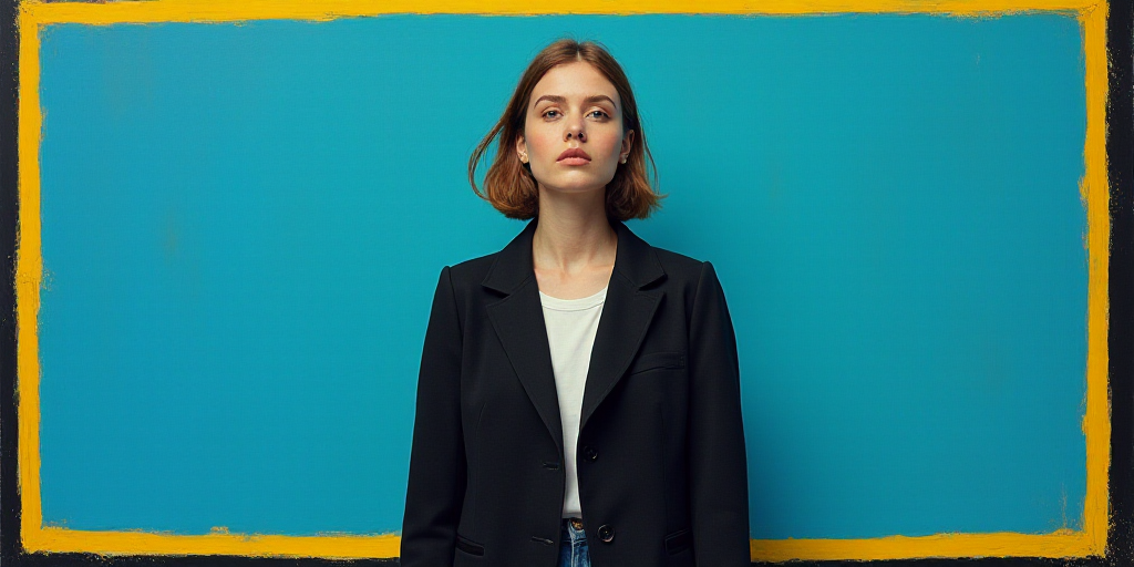 a woman in a black jacket and white shirt is standing in front of a blue background with a black and