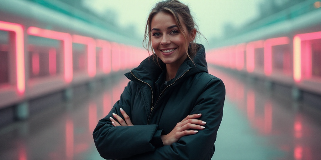 a woman in a black jacket is smiling for the camera with her arms crossed and her hands folded in fr