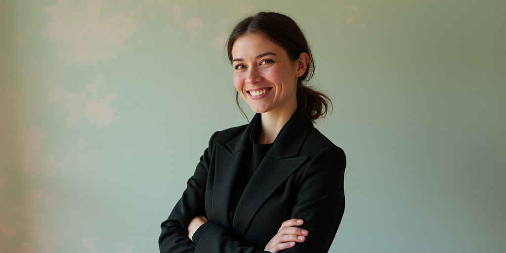 a woman in a black jacket is smiling for the camera with her arms crossed and her hands folded in fr