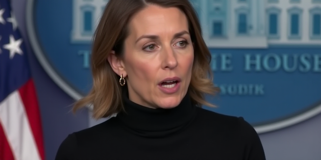 a woman in a black turtle neck sweater speaking into a microphone with a flag behind her and a white