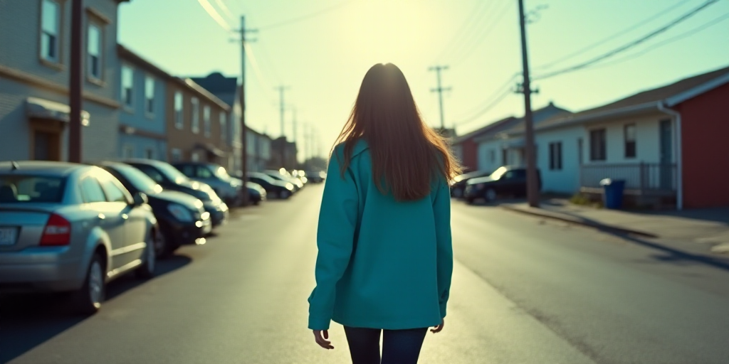 a woman in a blue jacket is walking down the street in a parking lot with a car parked on the side o