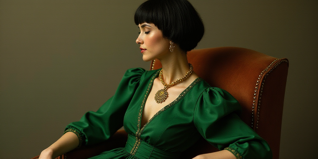 a woman in a green dress sitting in a chair with a gold frame around her neck and a black hair, Ada