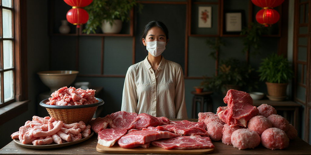a woman in a mask standing in a room filled with meats and meat cuts on a table with a bin of meat,