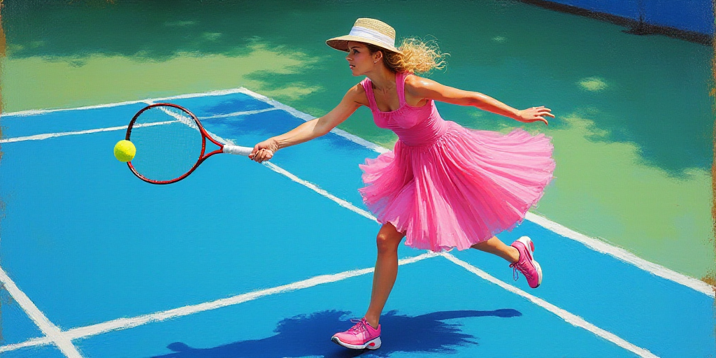 a woman in a pink dress playing tennis on a blue court with a tennis racket in her hand, Fanny McIan