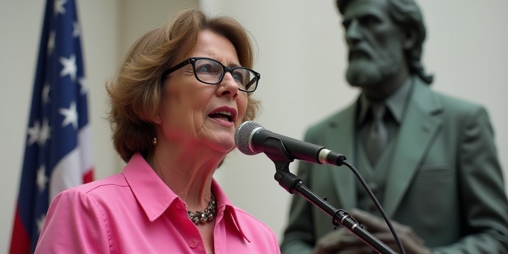 a woman in a pink shirt and glasses speaking into a microphone in front of a flag and a statue, Ada