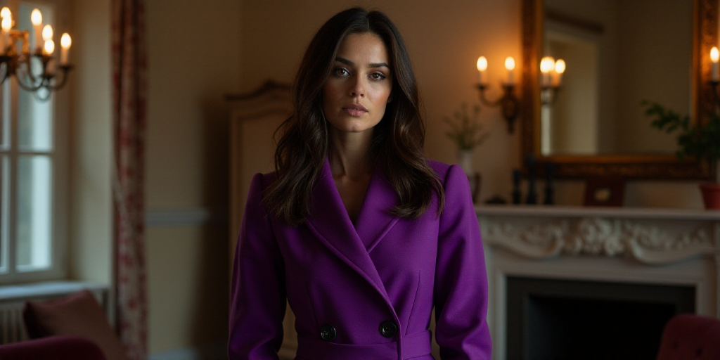 a woman in a purple coat standing in a room with a chandelier and a fireplace in the background, Eva