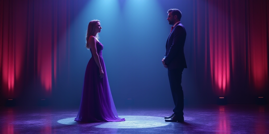 a woman in a purple dress and a man in a suit stand on stage talking to each other and one man in a