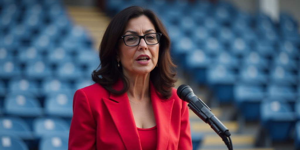a woman in a red suit and glasses speaking into a microphone at a press conference in a stadium with