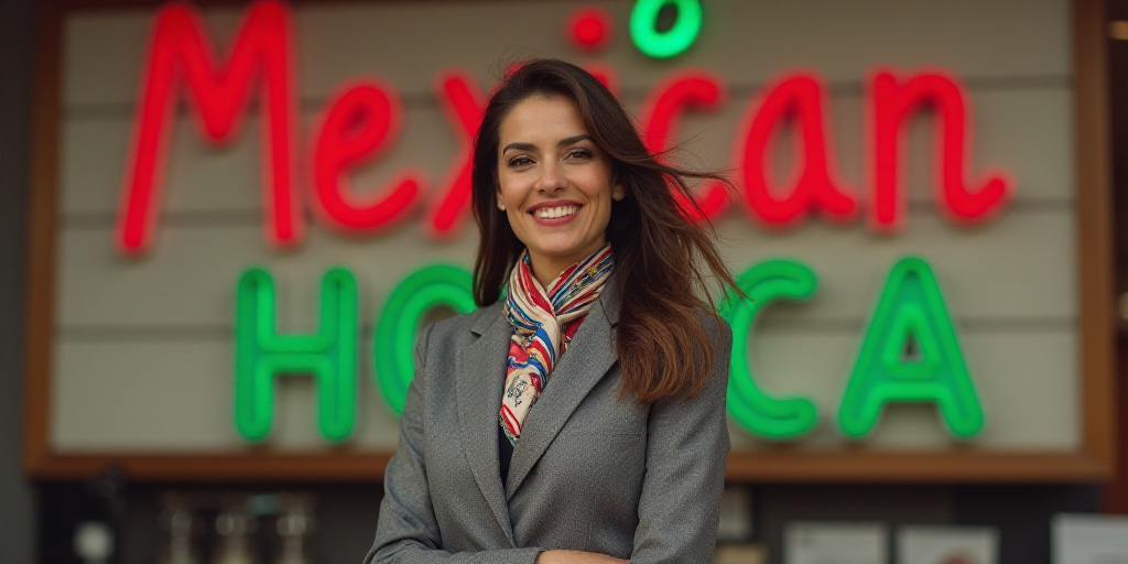 a woman in a suit and scarf standing in front of a mexican sign with a smile on her face, Araceli Gi