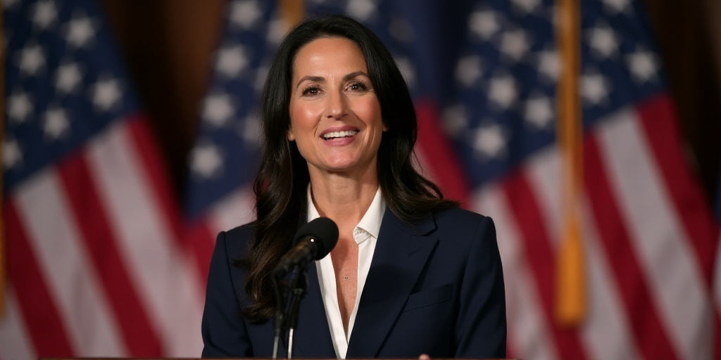 a woman in a suit and tie giving a speech at a podium with flags behind her and a microphone in the