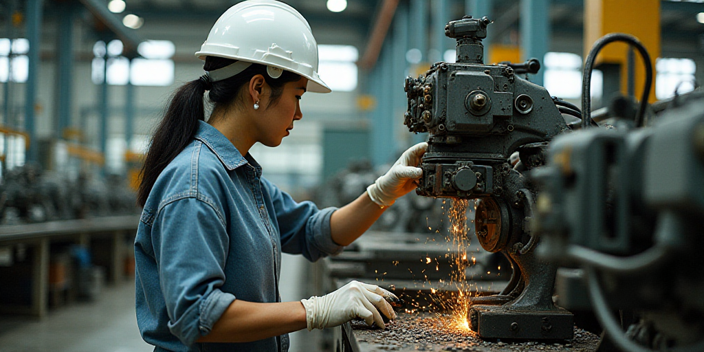a woman in a white hard hat and safety gear working on a machine in a factory with other machines, C