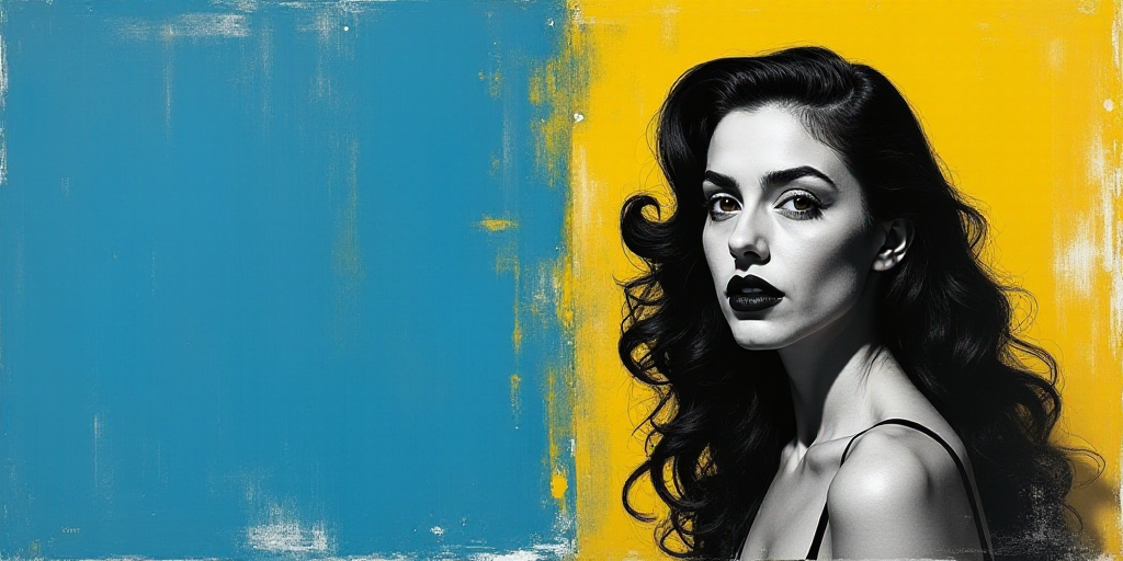 a woman in black and white with a blue background and a blue and yellow background with a black and