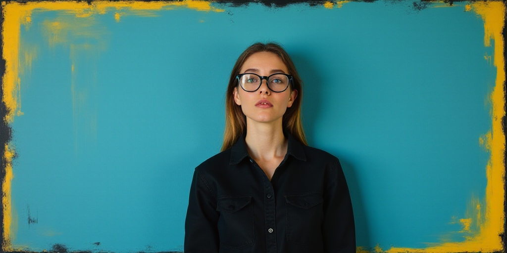 a woman in black shirt and glasses standing in front of a blue background with a yellow border and a