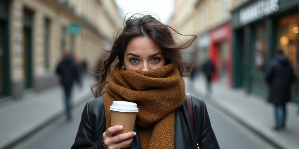a woman is covering her face with a scarf and a coffee cup in her hand while walking down the street