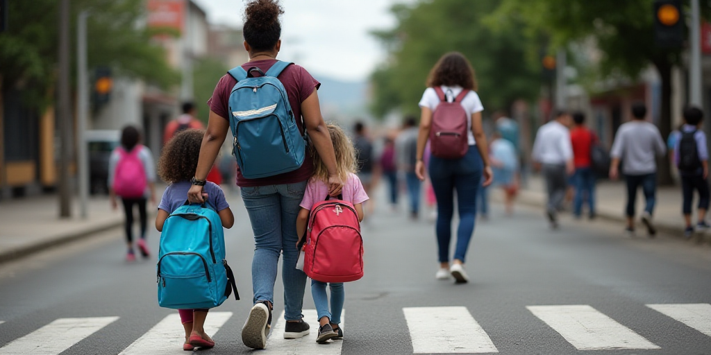 a woman is helping a child with her backpacks at a crosswalk while others look on in the background,